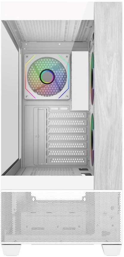 „Cooler Master Elite 690 Wood“, ATX, permatomas šoninis skydelis, 3x 120 mm ARGB ventiliatoriai, baltas