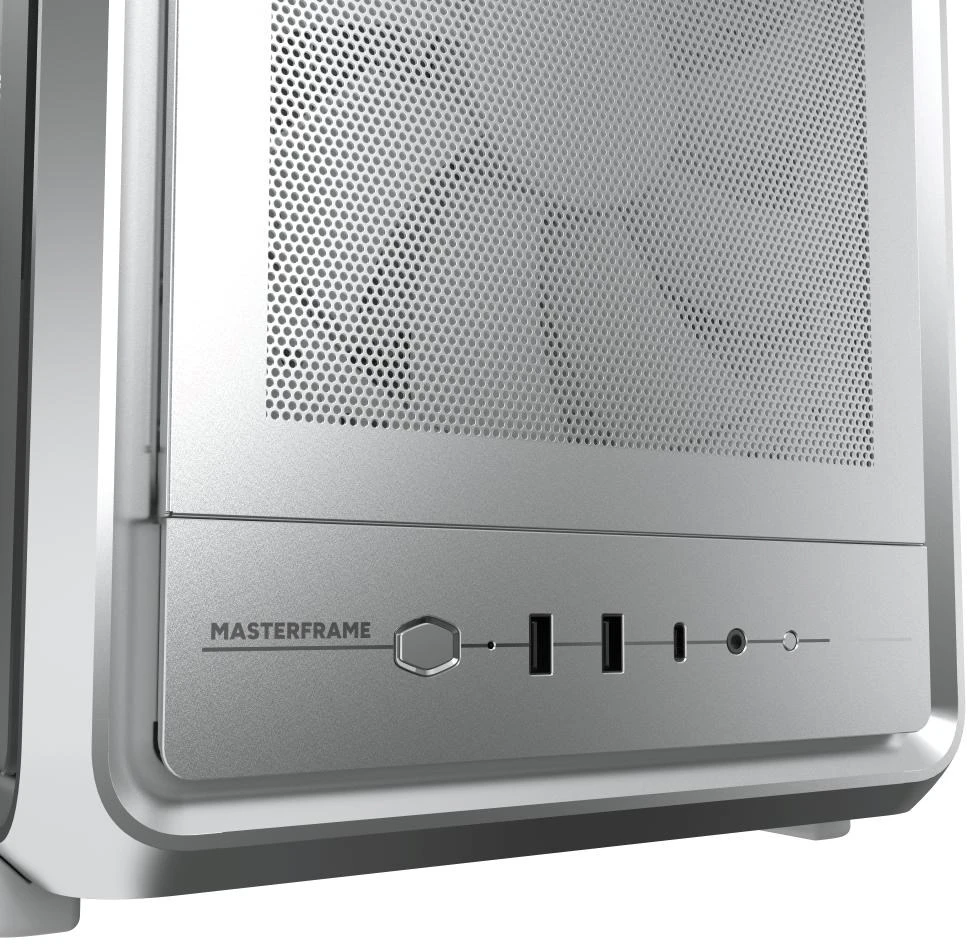 „Cooler Master“ korpusas „MasterFrame 500 Mesh“ sidabrinis, permatomas šoninis skydelis, ATX, 2x 200 mm ventiliatoriai, 1x 120 mm ventiliatorius, pilkas