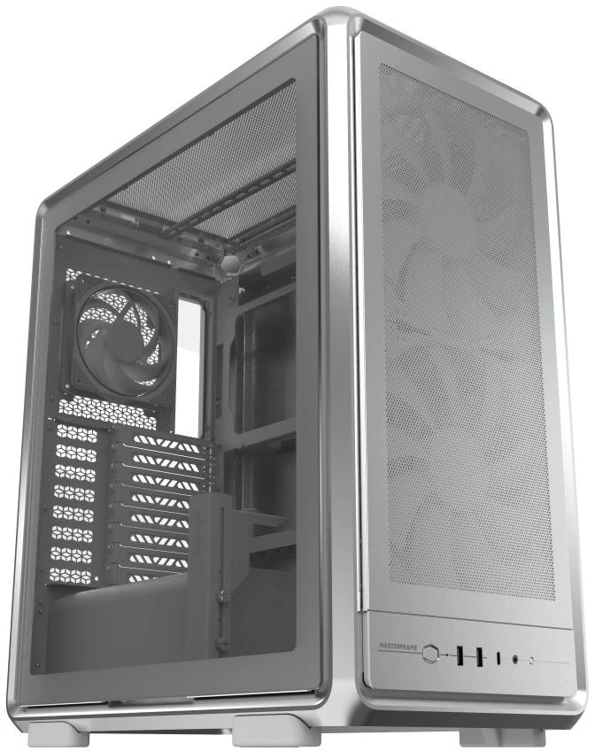 „Cooler Master“ korpusas „MasterFrame 500 Mesh“ sidabrinis, permatomas šoninis skydelis, ATX, 2x 200 mm ventiliatoriai, 1x 120 mm ventiliatorius, pilkas