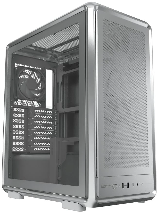 „Cooler Master“ korpusas „MasterFrame 500 Mesh“ sidabrinis, permatomas šoninis skydelis, ATX, 2x 200 mm ventiliatoriai, 1x 120 mm ventiliatorius, pilkas