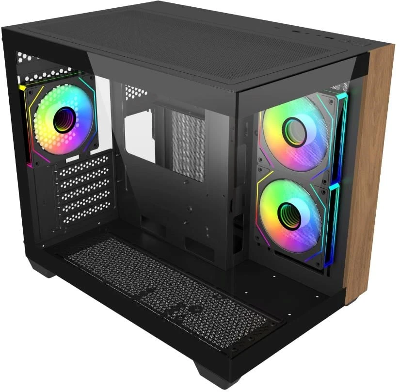 „Cooler Master Elite 481 Wood“, bokšto formos korpusas - juodas/medinis, grūdintas stiklas x 2