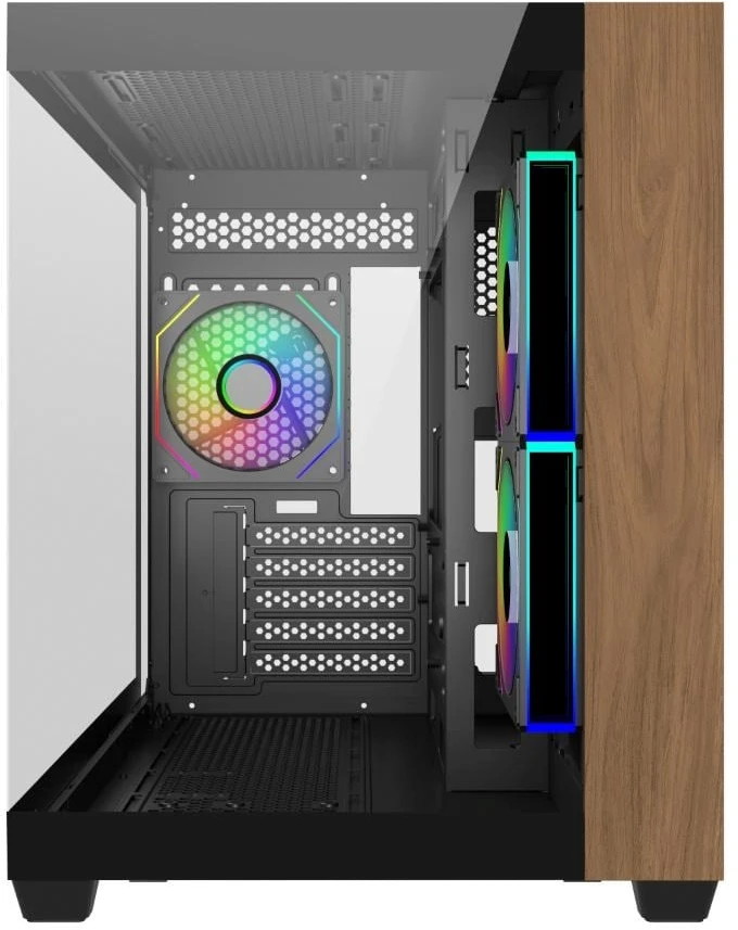 „Cooler Master Elite 481 Wood“, bokšto formos korpusas - juodas/medinis, grūdintas stiklas x 2