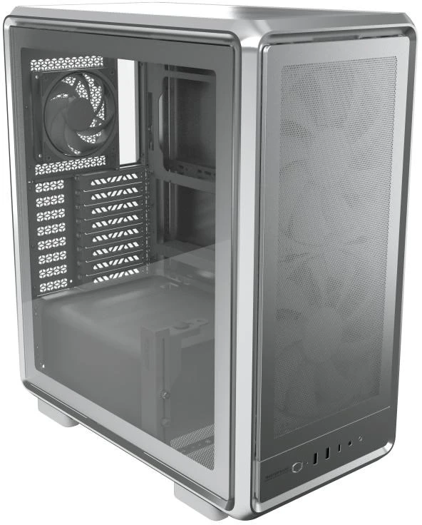 „Cooler Master“ korpusas „MasterFrame 500 Mesh“ sidabrinis, permatomas šoninis skydelis, ATX, 2x 200 mm ventiliatoriai, 1x 120 mm ventiliatorius, pilkas