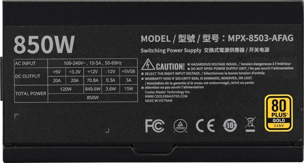 „Carruzzo Cooler Master GX II Gold 850 ATX 3.1“ momentinių blokų komplektas, 850 W, 24 kontaktų, ATX, Jude