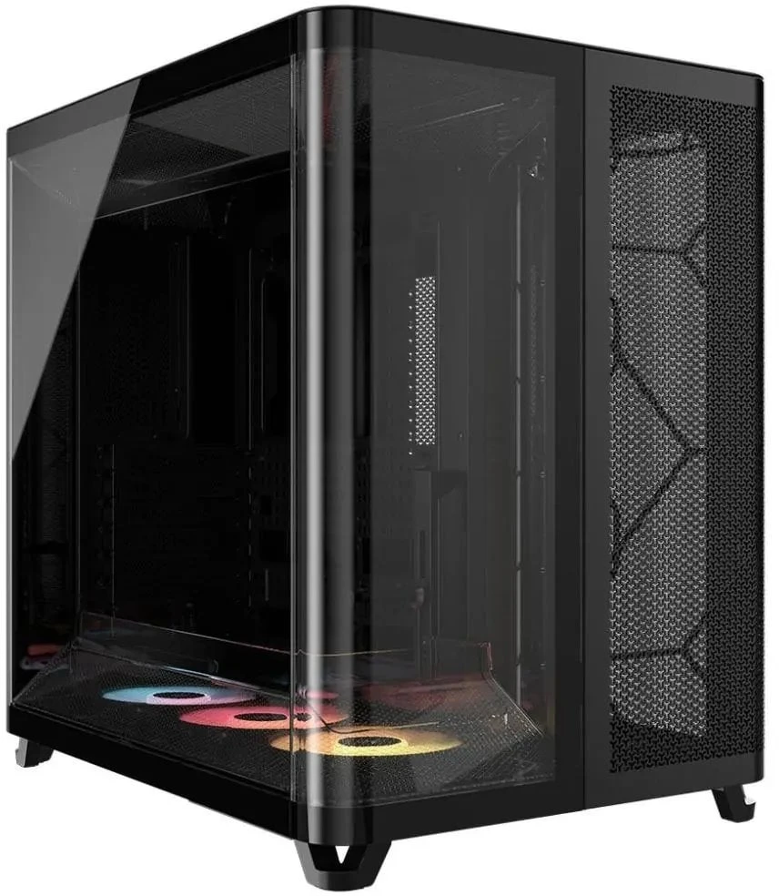 „Corsair AIR 5400 RS-R ARGB“ korpusas, vidutinio dydžio bokštas, grūdintas stiklas, RGB ir juodas, komplekte yra 3 x 120 mm ventiliatoriai