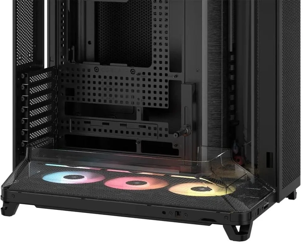 „Corsair AIR 5400 RS-R ARGB“ korpusas, vidutinio dydžio bokštas, grūdintas stiklas, RGB ir juodas, komplekte yra 3 x 120 mm ventiliatoriai