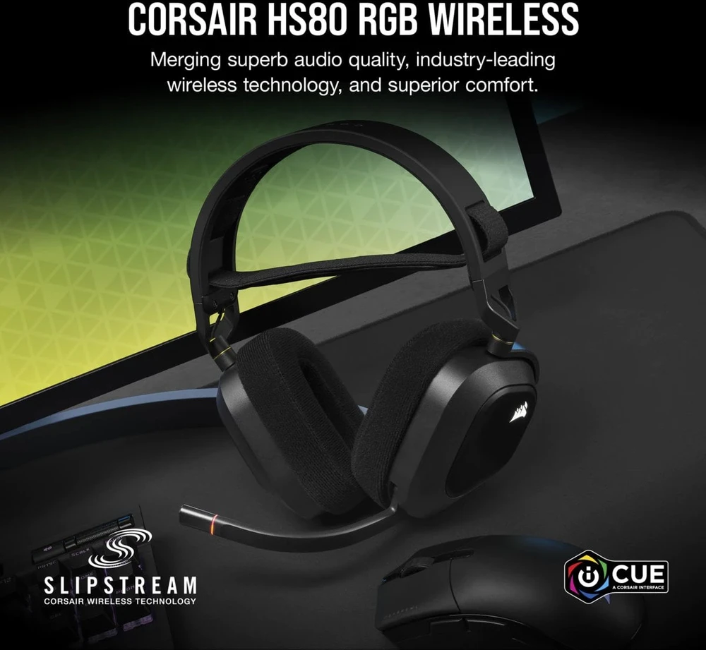 Belaidės Premium Žaidimų Ausinės Corsair HS80 RGB, Spatial Audio, Anglies spalvos