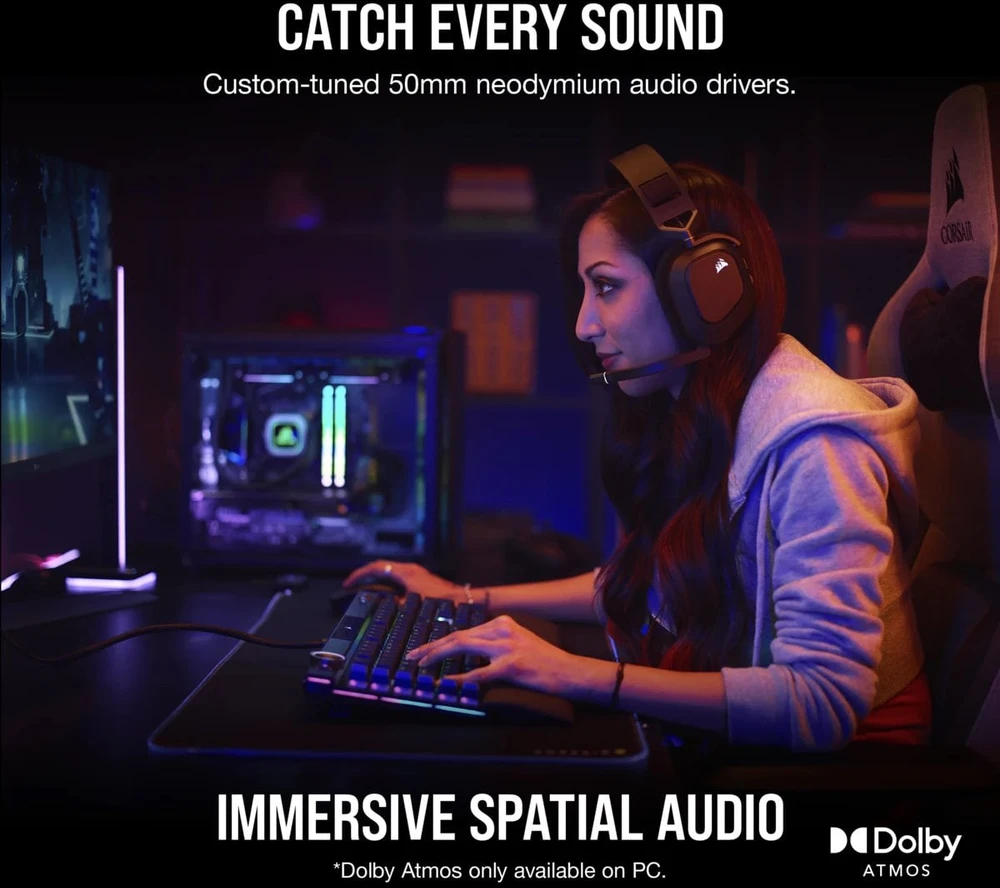 Belaidės Premium Žaidimų Ausinės Corsair HS80 RGB, Spatial Audio, Anglies spalvos