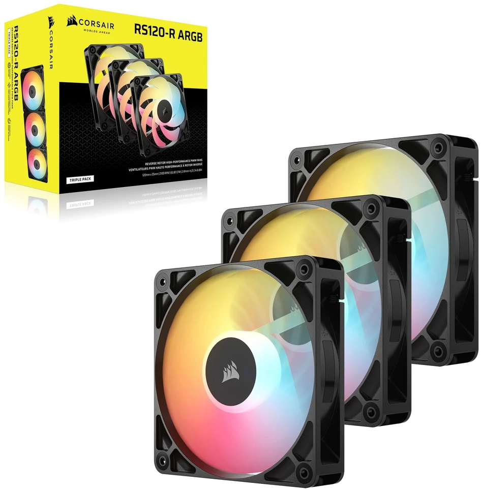 „Corsair RS“ serijos RS120-R ARGB PWM ventiliatorius, 3 vnt. pakuotėje, 120 mm, juodas