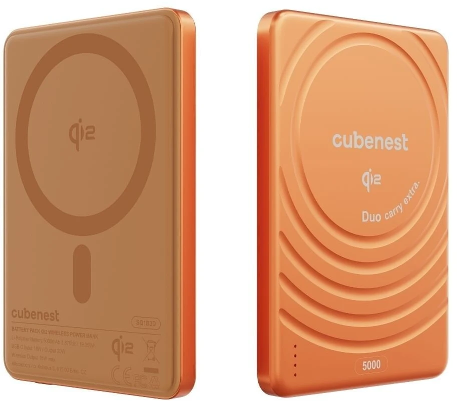 „Cubenest Qi2“ magnetinė belaidė išorinė baterija „SlimDual 5000 mAh SQ1B3D“ – oranžinė