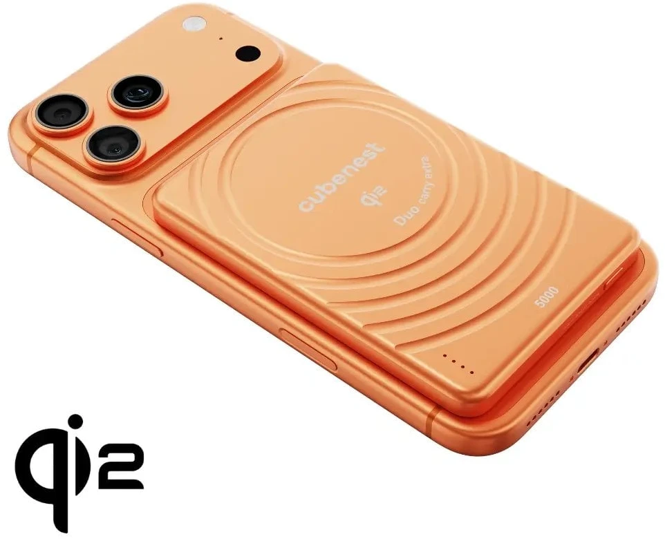 „Cubenest Qi2“ magnetinė belaidė išorinė baterija „SlimDual 5000 mAh SQ1B3D“ – oranžinė