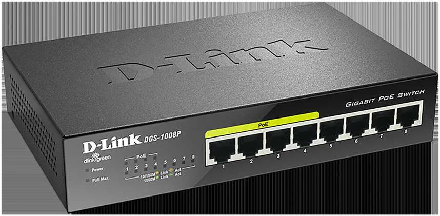 Šakotuvas Komutatorius D-Link 8x10 / 100 / 1000Mbps RJ45, 4xPoE, 52W, / DGS-1008P