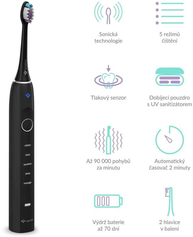 TrueLife SonicBrush Clean70 UV Sonic Dantų šepetėlis, Juodas