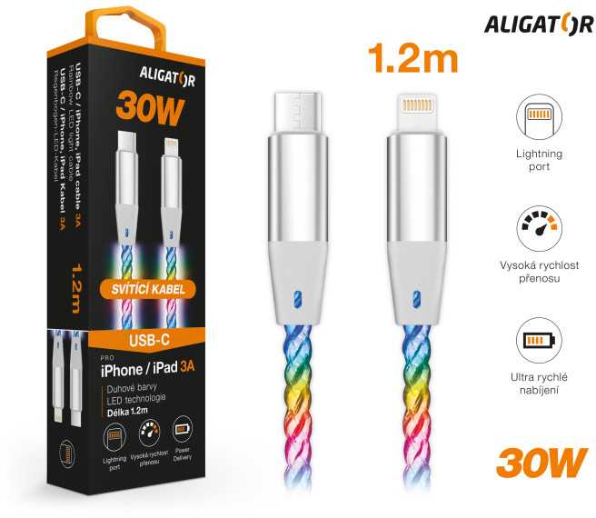 Duomenų kabelis ALIGATOR POWER 3A 30W, USB-C/Lightning, 1,2 m šviesus