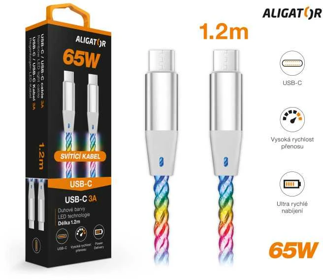 Data cable ALIGATOR POWER 3A 65W, USB-C/USB-C, 1.2m luminous
