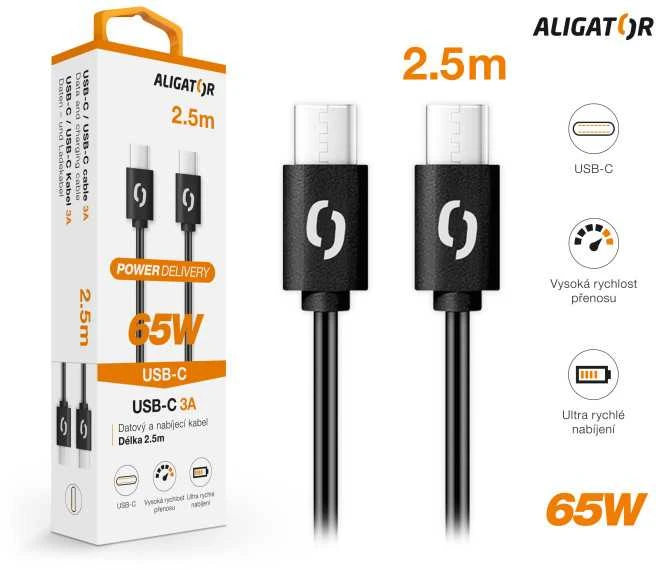 Data cable ALIGATOR POWER 65W, USB-C/USB-C 3A, 2.5m juodas