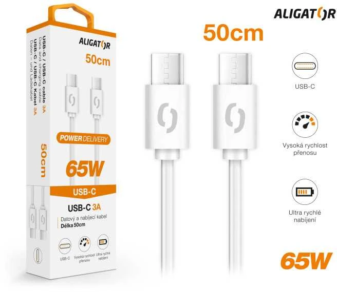 Duomenų kabelis ALIGATOR POWER 65W, USB-C/USB-C 3A, 0,5m baltas
