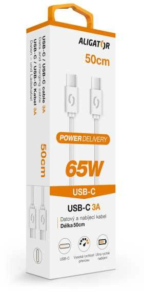 Duomenų kabelis ALIGATOR POWER 65W, USB-C/USB-C 3A, 0,5m baltas