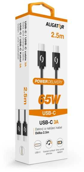 Data cable ALIGATOR POWER 65W, USB-C/USB-C 3A, 2.5m juodas