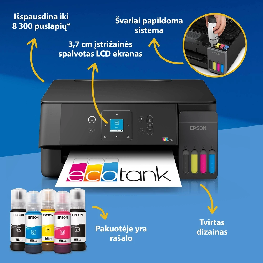 Daugiafunkcis rašalinis spausdintuvas Epson EcoTank L3360, A4, spalvotas, Wi-Fi, Wi-Fi Direct, AirPrint, LCD ekranas, juodas | C11CL63409
