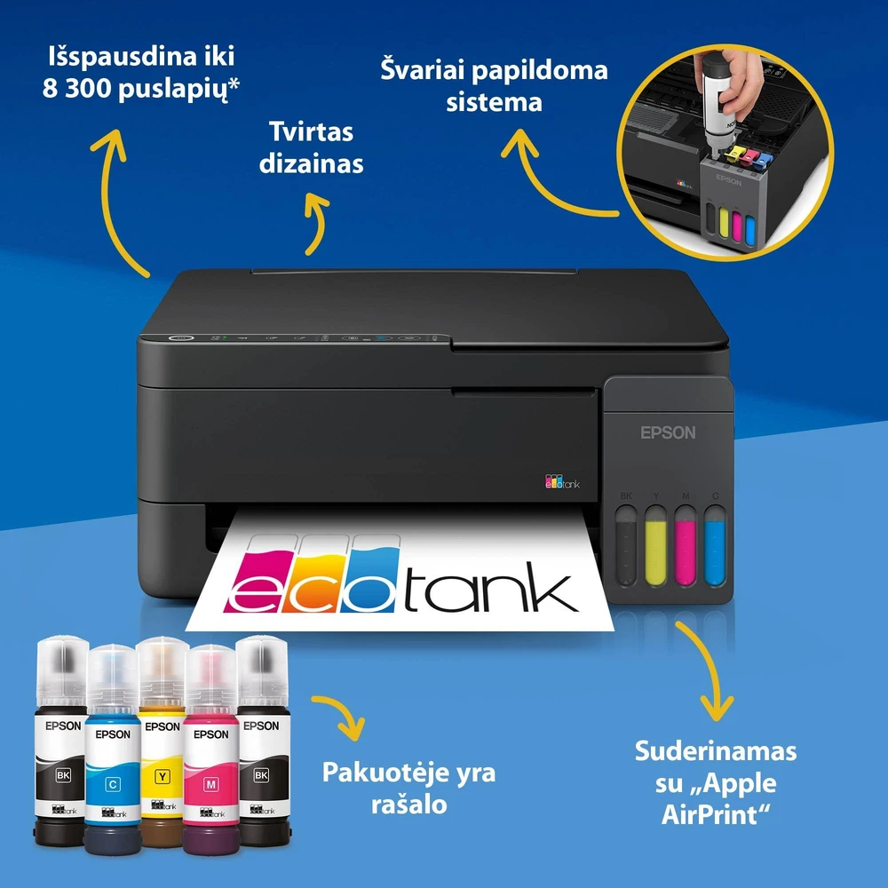 Daugiafunkcis rašalinis spausdintuvas Epson EcoTank L3351, A4, spalvotas, Wi-Fi, Wi-Fi Direct, AirPrint, juodas | C11CL62411 aprašymas - Prekės nuotrauka