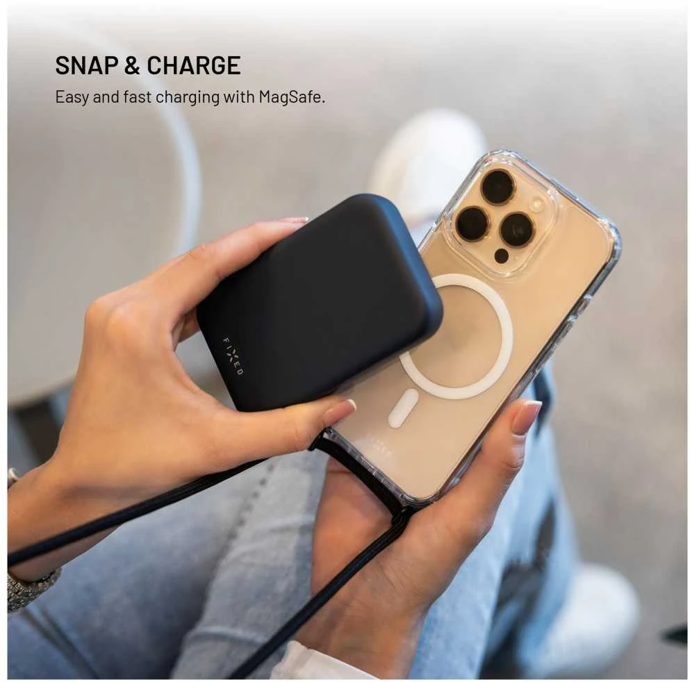 Dėklas Fixed Fiksuotas „MagPure Neck“, skirtas „MagSafe“, skirtas „iPhone 17 Pro Max“, skaidrus su juodu dirželiu