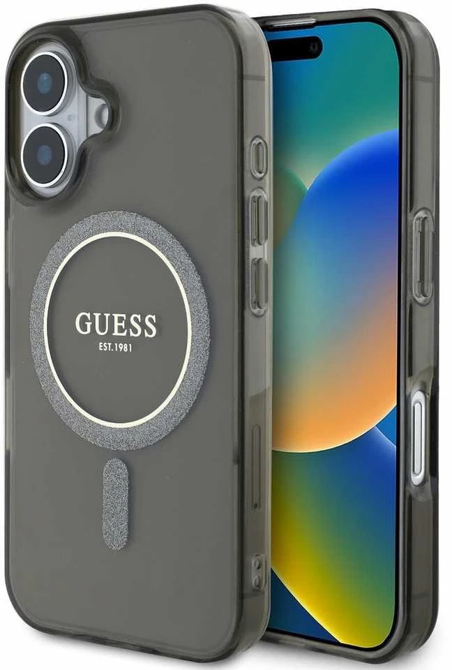 Guess GUHMP16SHFGEREK Apple iPhone 16 6.1″ juodos spalvos kietas dėklas IML Glitter Circle MagSafe