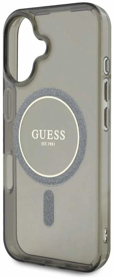 Guess GUHMP16SHFGEREK Apple iPhone 16 6.1″ juodos spalvos kietas dėklas IML Glitter Circle MagSafe