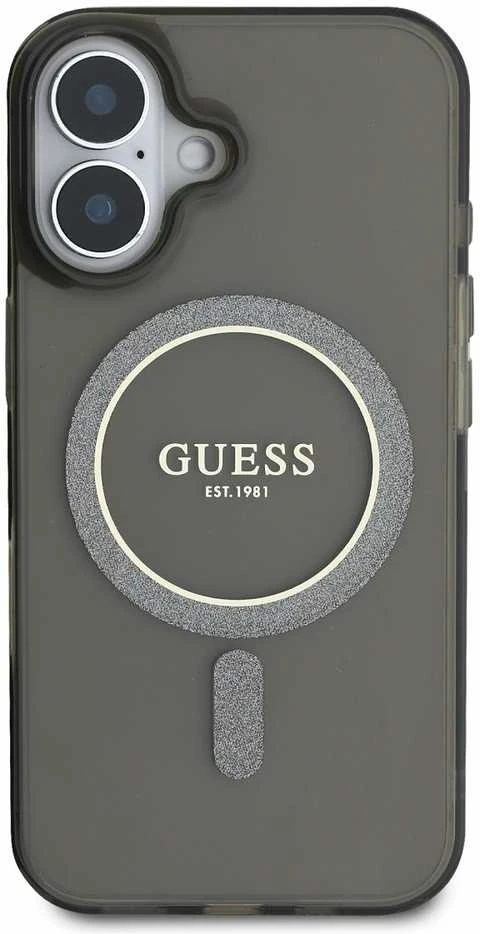 Guess GUHMP16SHFGEREK Apple iPhone 16 6.1″ juodos spalvos kietas dėklas IML Glitter Circle MagSafe