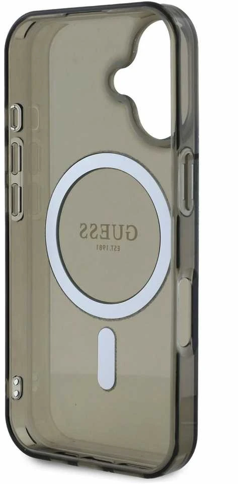 Guess GUHMP16SHFGEREK Apple iPhone 16 6.1″ juodos spalvos kietas dėklas IML Glitter Circle MagSafe