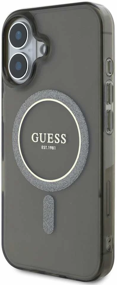 Guess GUHMP16SHFGEREK Apple iPhone 16 6.1″ juodos spalvos kietas dėklas IML Glitter Circle MagSafe