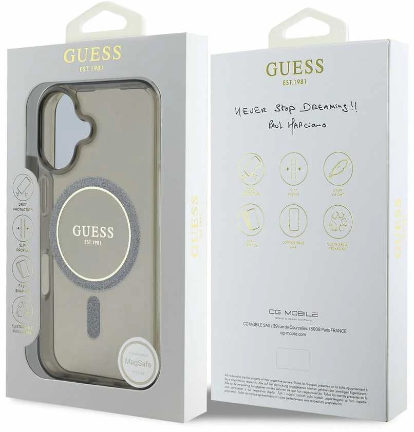 Guess GUHMP16SHFGEREK Apple iPhone 16 6.1″ juodos spalvos kietas dėklas IML Glitter Circle MagSafe
