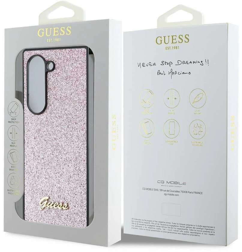 Guess GUHCZFD6HGGSHP Z Fold6 F956 rožinės spalvos kietas dėklas 4G Glitter Script