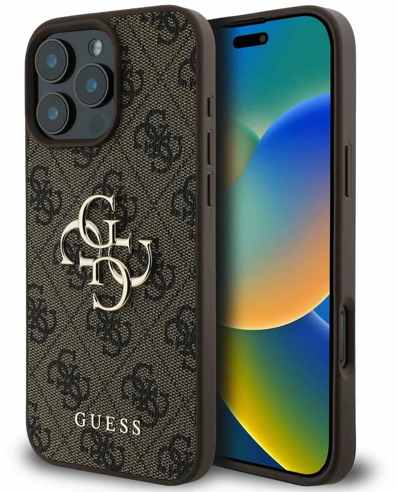 GUESS dėklas skirtas Apple iPhone 16 Pro GUHCP16L4GMGBR (4G PU Big Logo) rudos spalvos