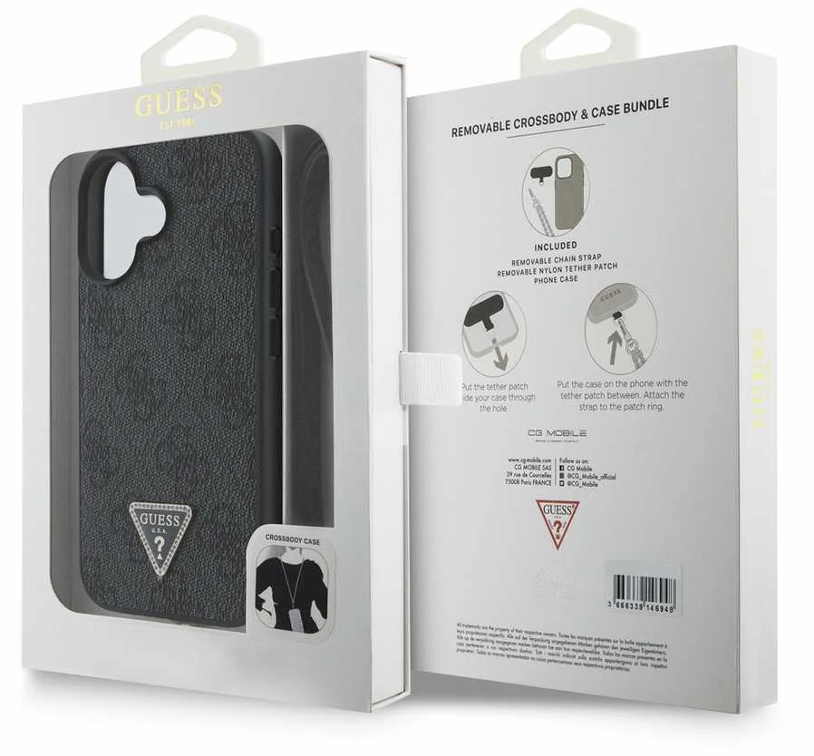 Guess GUHCP16SP4TDSCPK Apple iPhone 16 6.1″ juodos spalvos kietas dėklas Leather Metal Logo Strass Crossbody