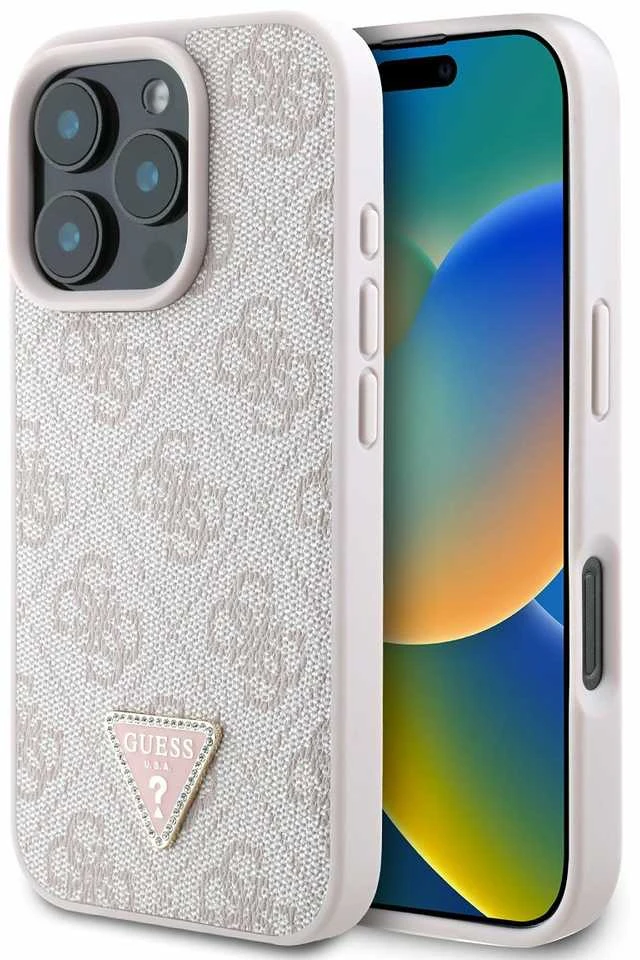 Guess Leather 4G Triangle Strass MagSafe Apple iPhone 16 Pro Max – dėklas telefonui rožinės spalvos