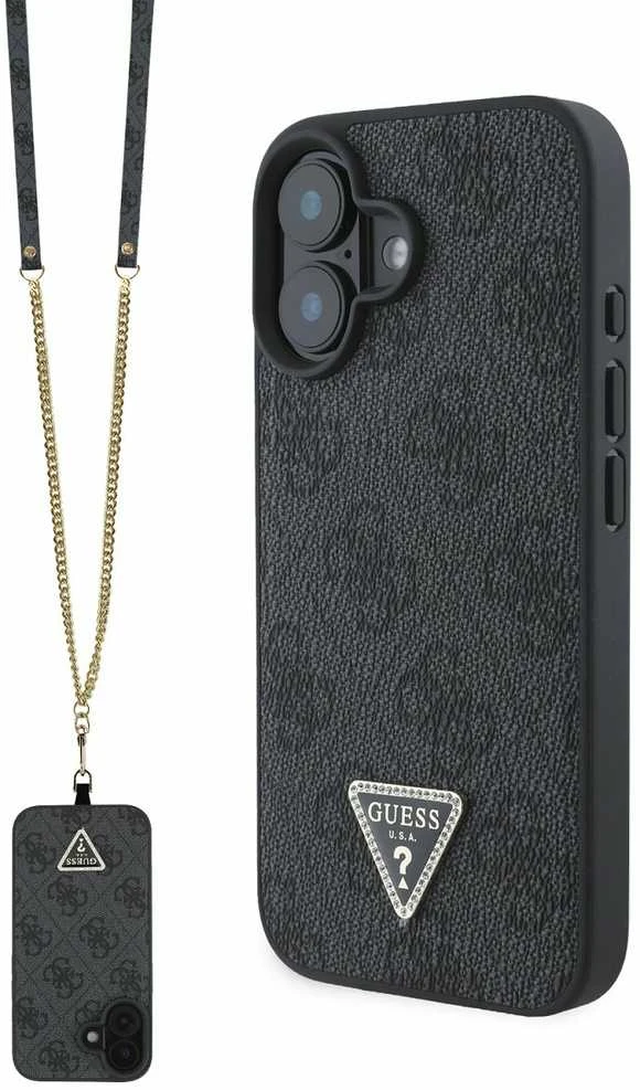 Guess GUHCP16SP4TDSCPK Apple iPhone 16 6.1″ juodos spalvos kietas dėklas Leather Metal Logo Strass Crossbody