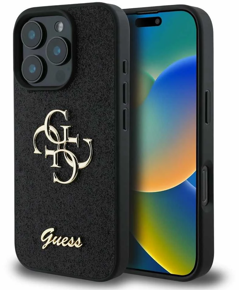 Guess PU Fixed Glitter 4G Metal Logo Apple iPhone 16 Pro dėklas telefonui juodos spalvos