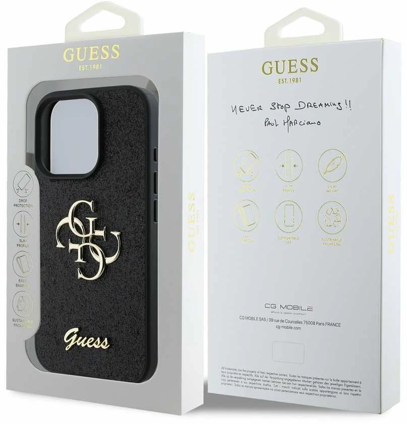 Guess PU Fixed Glitter 4G Metal Logo Apple iPhone 16 Pro dėklas telefonui juodos spalvos