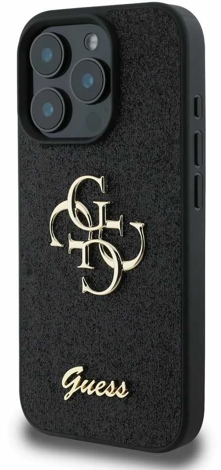 Guess PU Fixed Glitter 4G Metal Logo Apple iPhone 16 Pro dėklas telefonui juodos spalvos
