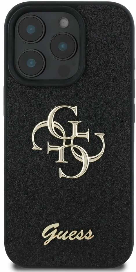 Guess PU Fixed Glitter 4G Metal Logo dėklas skirtas Apple iPhone 16 Pro Max juodos spalvos