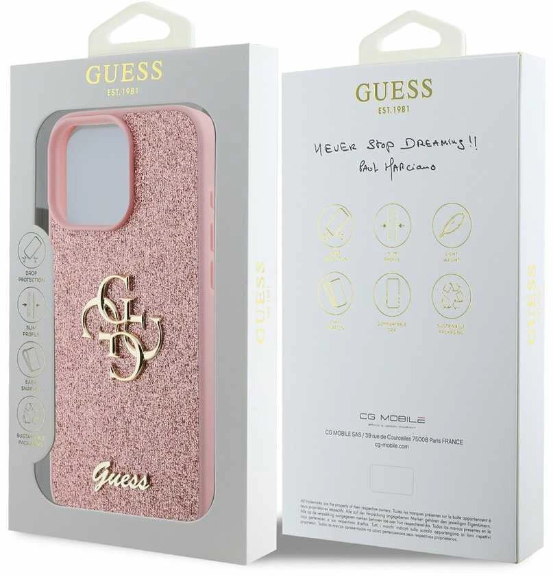 Guess Fixed Glitter Big 4G Apple iPhone 16 Pro – dėklas telefonui rožinės spalvos