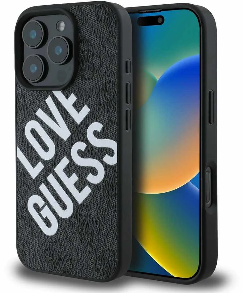 Guess PU Leather 4G Big Love Logo MagSafe Apple iPhone 16 Pro dėklas telefonui juodos spalvos