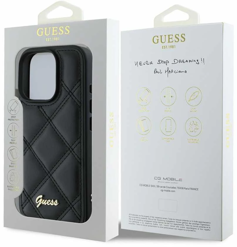Guess GUHCP16LPSQSQSK Apple iPhone 16 Pro 6.3″ juodos spalvos kietas dėklas Quilted Metal Logo