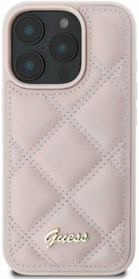 Guess Quilted Metal Logo Apple iPhone 16 Pro - dėklas telefonui rožinės spalvos