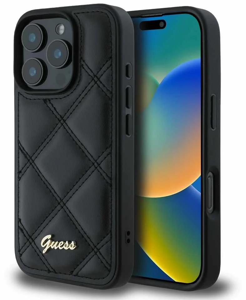 Guess GUHCP16LPSQSQSK Apple iPhone 16 Pro 6.3″ juodos spalvos kietas dėklas Quilted Metal Logo