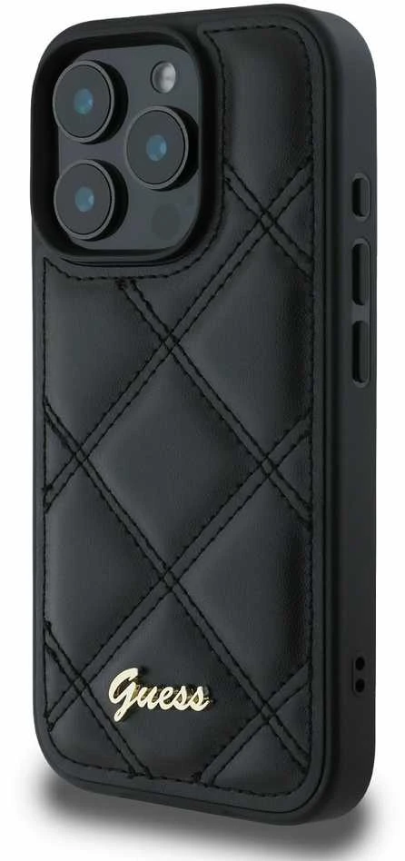 Guess GUHCP16LPSQSQSK Apple iPhone 16 Pro 6.3″ juodos spalvos kietas dėklas Quilted Metal Logo