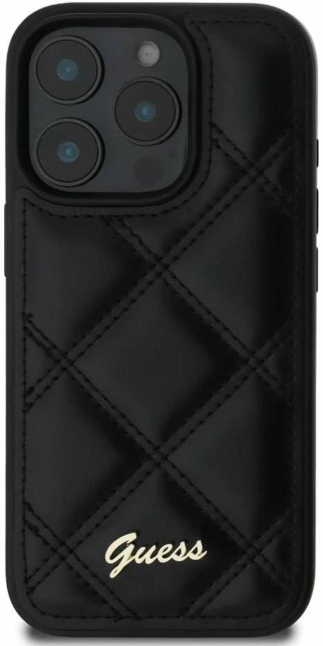 Guess GUHCP16LPSQSQSK Apple iPhone 16 Pro 6.3″ juodos spalvos kietas dėklas Quilted Metal Logo