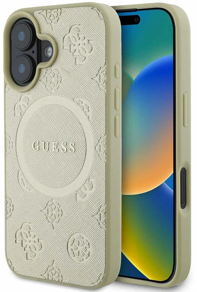 Guess GUHMP16SPSAPSMED Apple iPhone 16 6.1″ auksinis kietas dėklas Saffiano Peony Classic Logo MagSafe