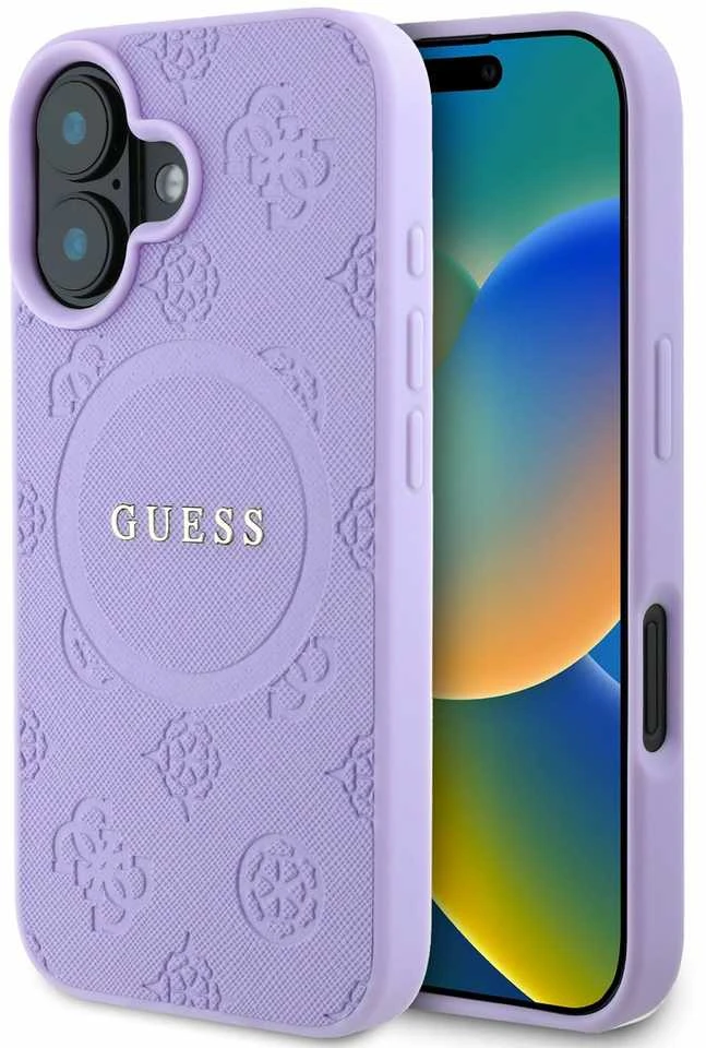 Guess GUHMP16SPSAPSMEU Apple iPhone 16 6.1″ violetinės spalvos kietas dėklas Saffiano Peony Classic Logo MagSafe